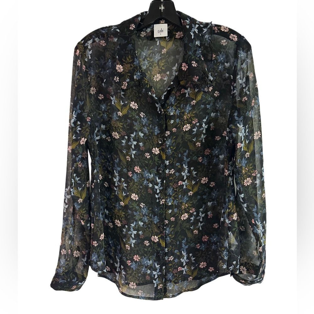 Cabi Black Floret Sheer Ruffle Collar Button Down Top Size S